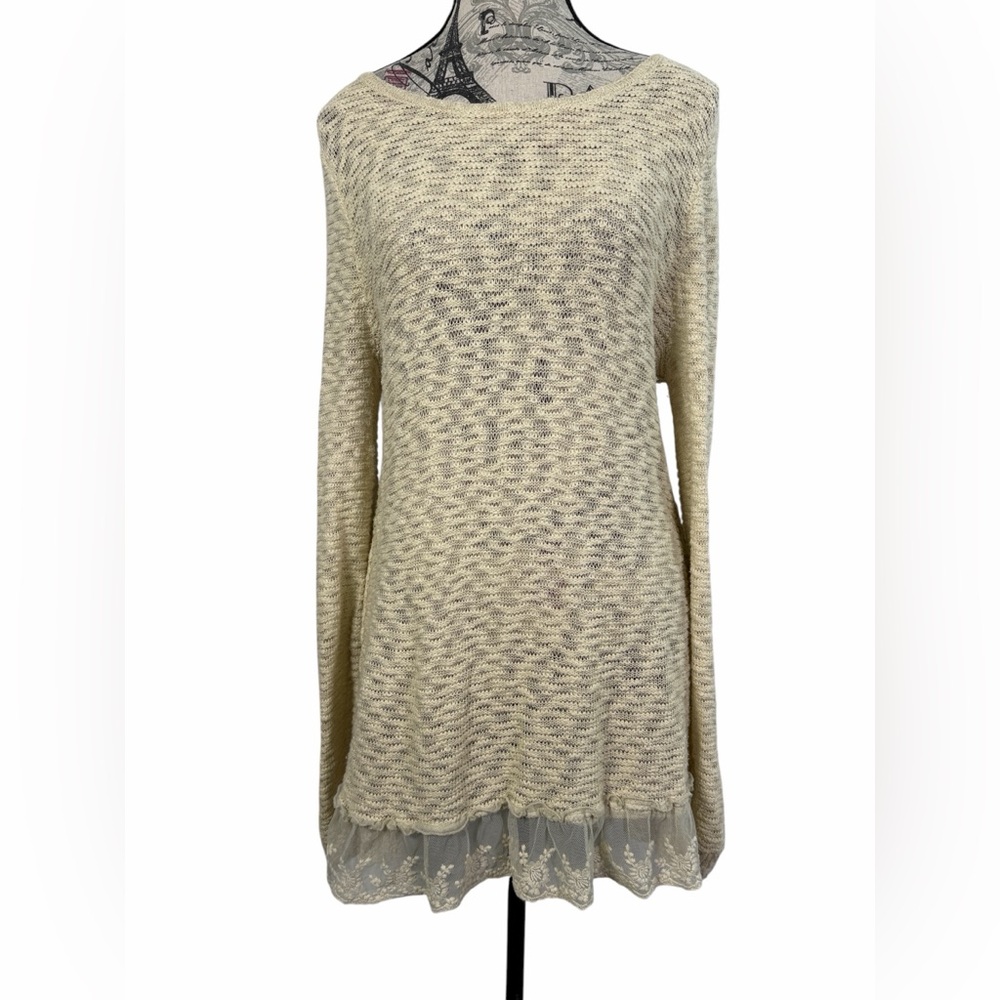 Crystal Kobe Cream Knit Sweater with Lace Hemline Boho Chic Size M
